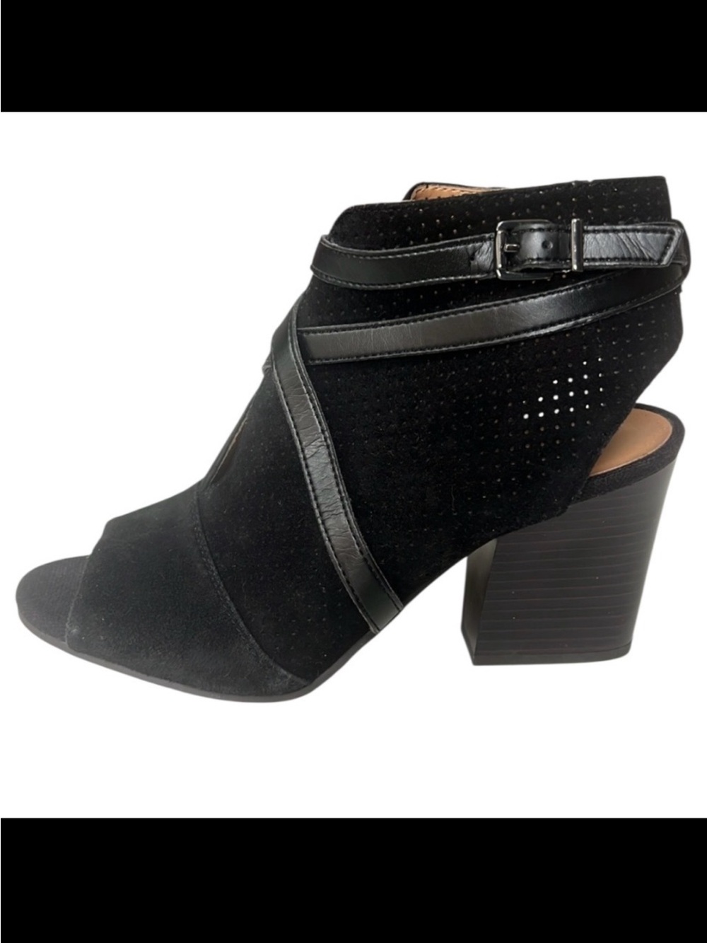 Franco Sarto Corporate Goth Y2K Black Suede Open-Toe Chunky Heels Minimalist 8.5